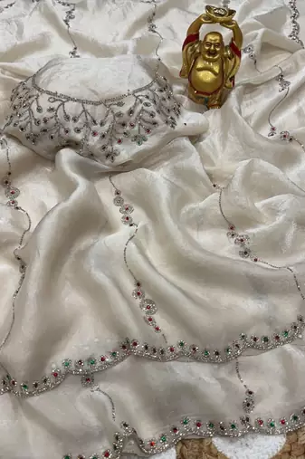 White space silk saree with jarkan & stone work