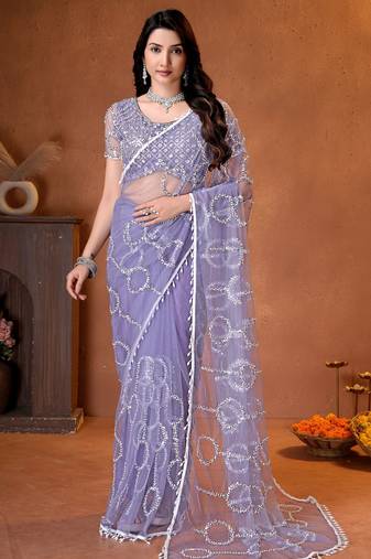 Lavender designer net saree with beads, sequins & pearl handwork
