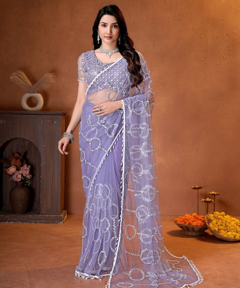 Lavender designer net saree with beads, sequins & pearl handwork