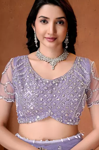 Lavender designer net saree with beads, sequins & pearl handwork