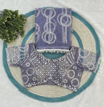 Lavender designer net saree with beads, sequins & pearl handwork 4