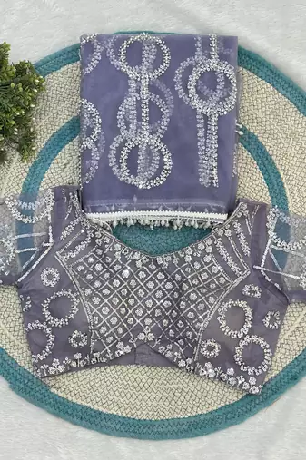Lavender designer net saree with beads, sequins & pearl handwork