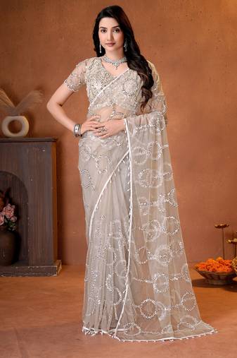 Cream designer net saree with beads, sequins & pearl handwork