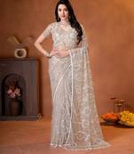 Cream designer net saree with beads, sequins & pearl handwork