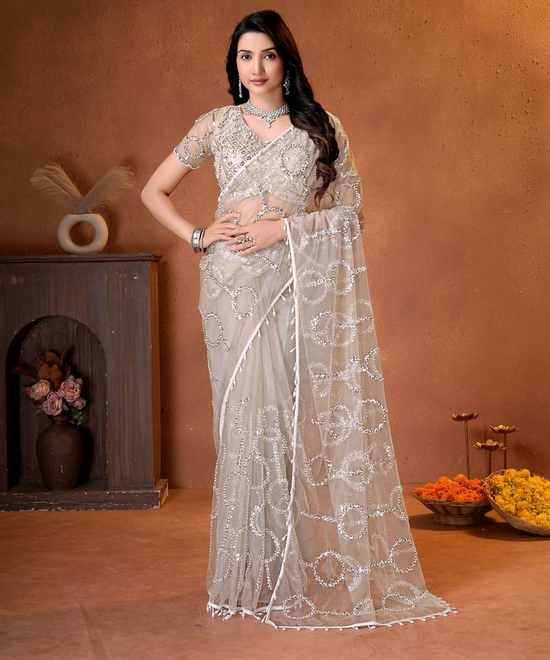 Cream designer net saree with beads, sequins & pearl handwork