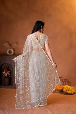 Cream designer net saree with beads, sequins & pearl handwork 3