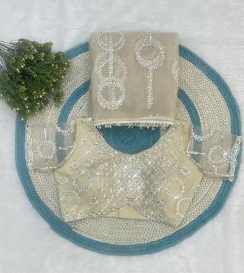 Cream designer net saree with beads, sequins & pearl handwork 4