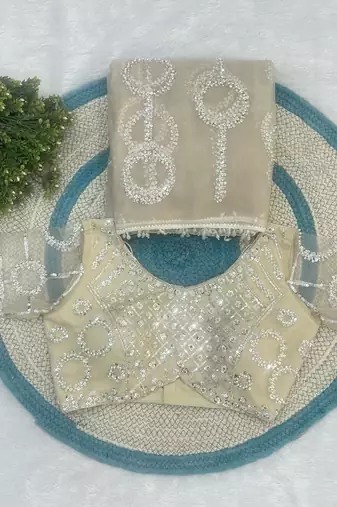 Cream designer net saree with beads, sequins & pearl handwork