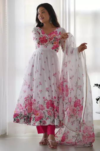 Women's Beautiful Floral Printed Organza Silk Fabric Flared Anarkali Pant and Dupatta Set