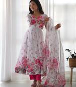 Women's Beautiful Floral Printed Organza Silk Fabric Flared Anarkali Pant and Dupatta Set
