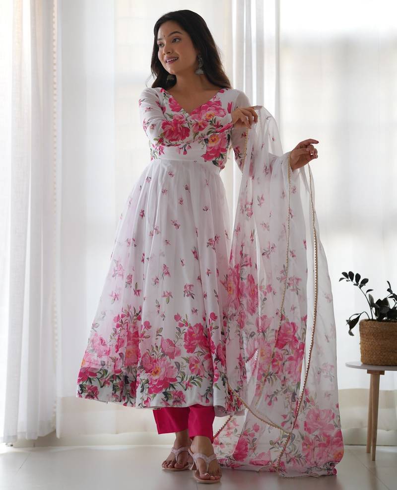 Women's Beautiful Floral Printed Organza Silk Fabric Flared Anarkali Pant and Dupatta Set