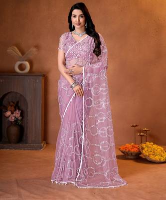 Mauve designer net saree with beads, sequins & pearl handwork 1