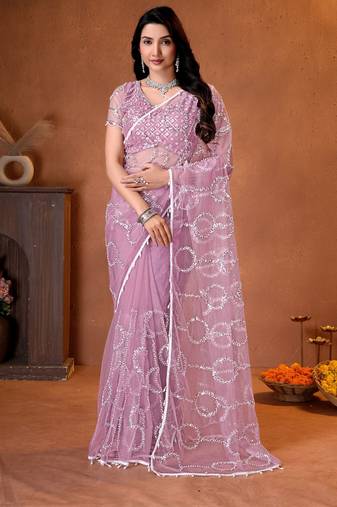 Mauve designer net saree with beads, sequins & pearl handwork
