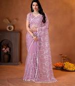 Mauve designer net saree with beads, sequins & pearl handwork