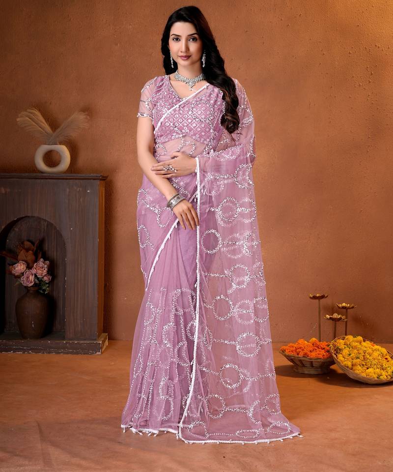 Mauve designer net saree with beads, sequins & pearl handwork