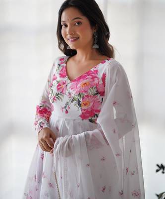 Women's Beautiful Floral Printed Organza Silk Fabric Flared Anarkali Pant and Dupatta Set 2