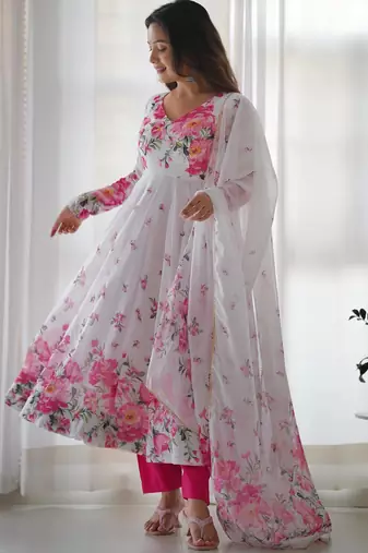 Women's Beautiful Floral Printed Organza Silk Fabric Flared Anarkali Pant and Dupatta Set