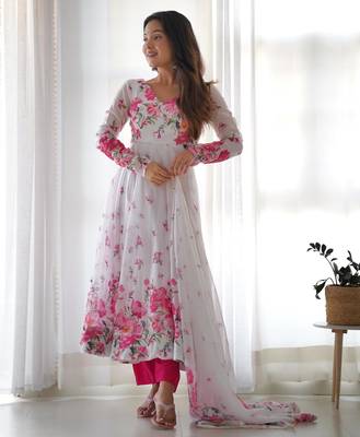 Women's Beautiful Floral Printed Organza Silk Fabric Flared Anarkali Pant and Dupatta Set 4