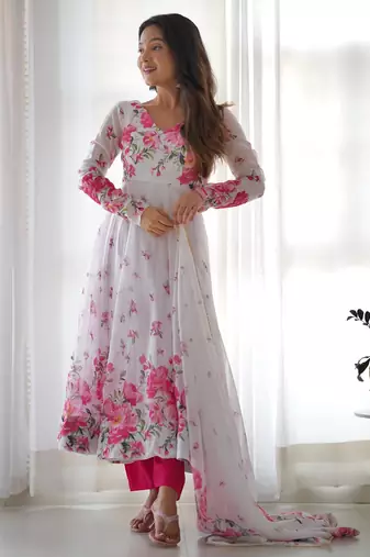 Women's Beautiful Floral Printed Organza Silk Fabric Flared Anarkali Pant and Dupatta Set