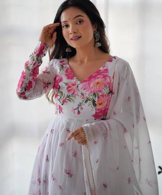 Women's Beautiful Floral Printed Organza Silk Fabric Flared Anarkali Pant and Dupatta Set 5
