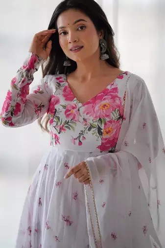Women's Beautiful Floral Printed Organza Silk Fabric Flared Anarkali Pant and Dupatta Set