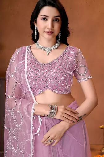 Mauve designer net saree with beads, sequins & pearl handwork