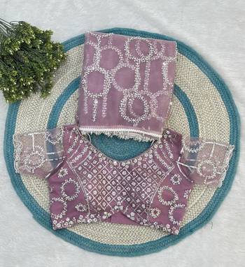 Mauve designer net saree with beads, sequins & pearl handwork 4