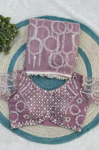 Mauve designer net saree with beads, sequins & pearl handwork