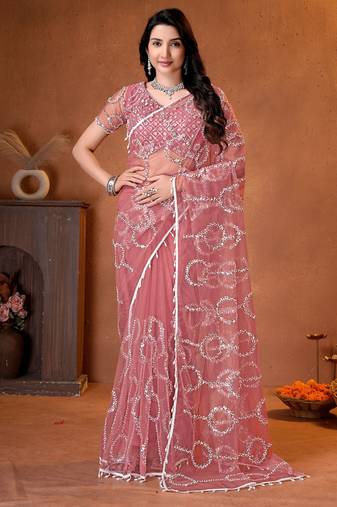 Rose designer net saree with beads, sequins & pearl handwork