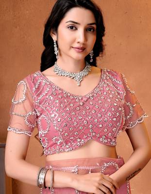 Rose designer net saree with beads, sequins & pearl handwork 2
