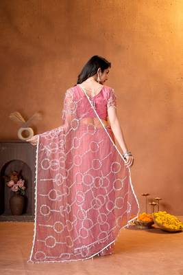 Rose designer net saree with beads, sequins & pearl handwork 3