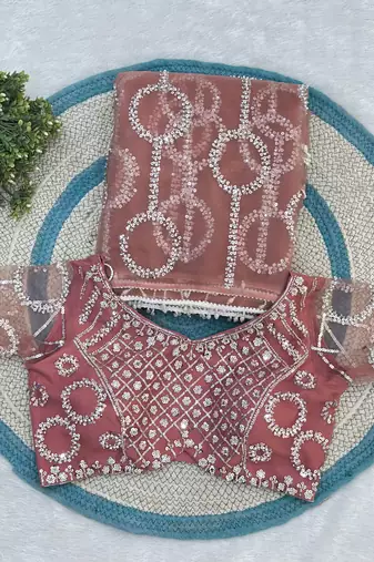 Rose designer net saree with beads, sequins & pearl handwork