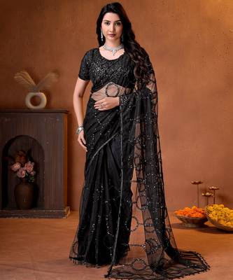 Black designer net saree with beads, sequins & pearl handwork 1