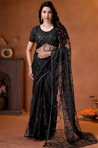 Black designer net saree with beads, sequins & pearl handwork