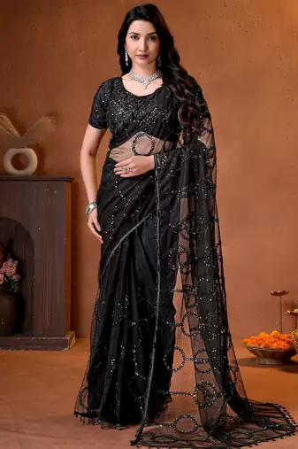 Black designer net saree with beads, sequins & pearl handwork