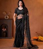 Black designer net saree with beads, sequins & pearl handwork