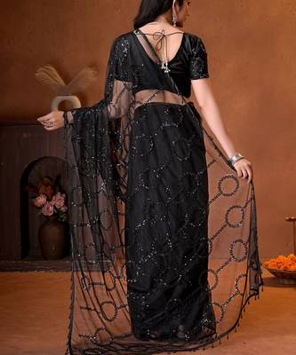 Black designer net saree with beads, sequins & pearl handwork 3
