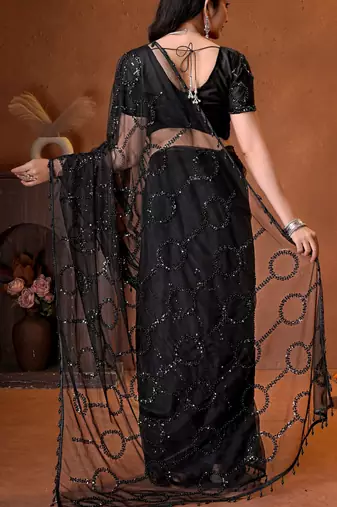 Black designer net saree with beads, sequins & pearl handwork
