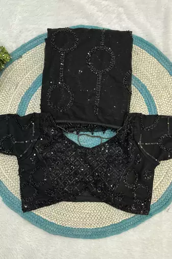 Black designer net saree with beads, sequins & pearl handwork