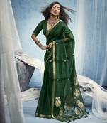 Green pure munga silk blend handloom saree with organza pallu