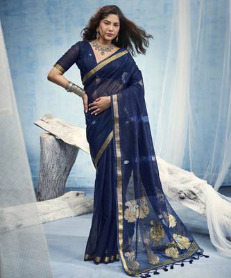 Navy blue pure munga silk blend handloom saree with organza pallu 1