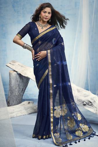 Navy blue pure munga silk blend handloom saree with organza pallu