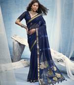 Navy blue pure munga silk blend handloom saree with organza pallu