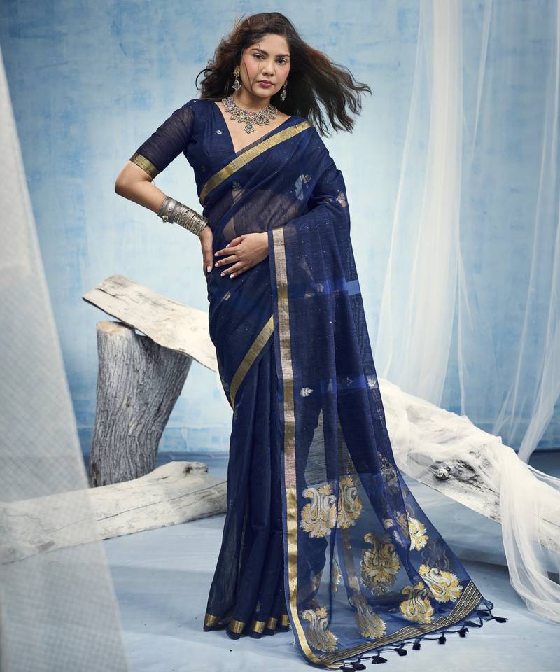 Navy blue pure munga silk blend handloom saree with organza pallu