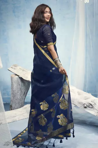 Navy blue pure munga silk blend handloom saree with organza pallu
