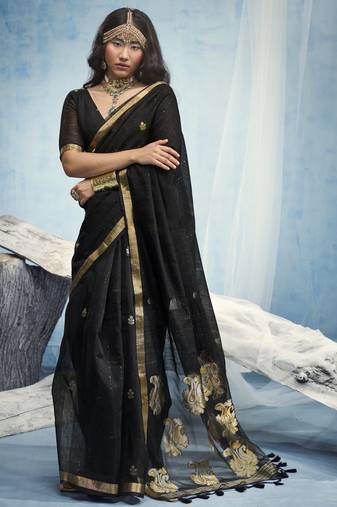 Black pure munga silk blend handloom saree with organza pallu