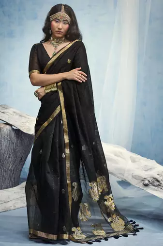 Black pure munga silk blend handloom saree with organza pallu