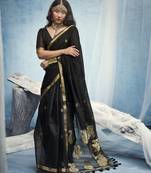 Black pure munga silk blend handloom saree with organza pallu