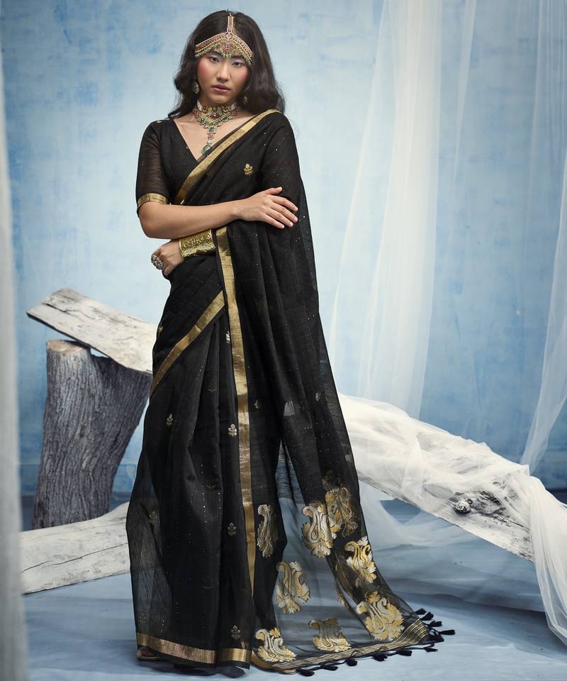 Black pure munga silk blend handloom saree with organza pallu