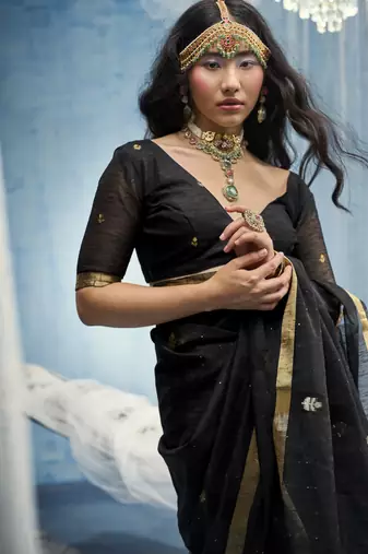 Black pure munga silk blend handloom saree with organza pallu